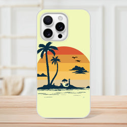 Retro Beach iPhone Case 13-16: palm trees at sunset on a pale yellow cover.