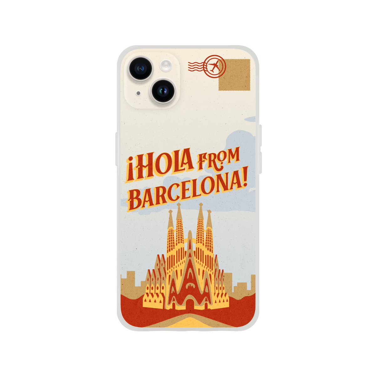 Vintage postcard iPhone case featuring Barcelona skyline and Hola from Barcelona artwork for iPhone 13-16