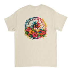 Retro beige t-shirt back print featuring colorful hibiscus flowers, a palm tree, and "Urban Palm Trees" text in a circular splash design.