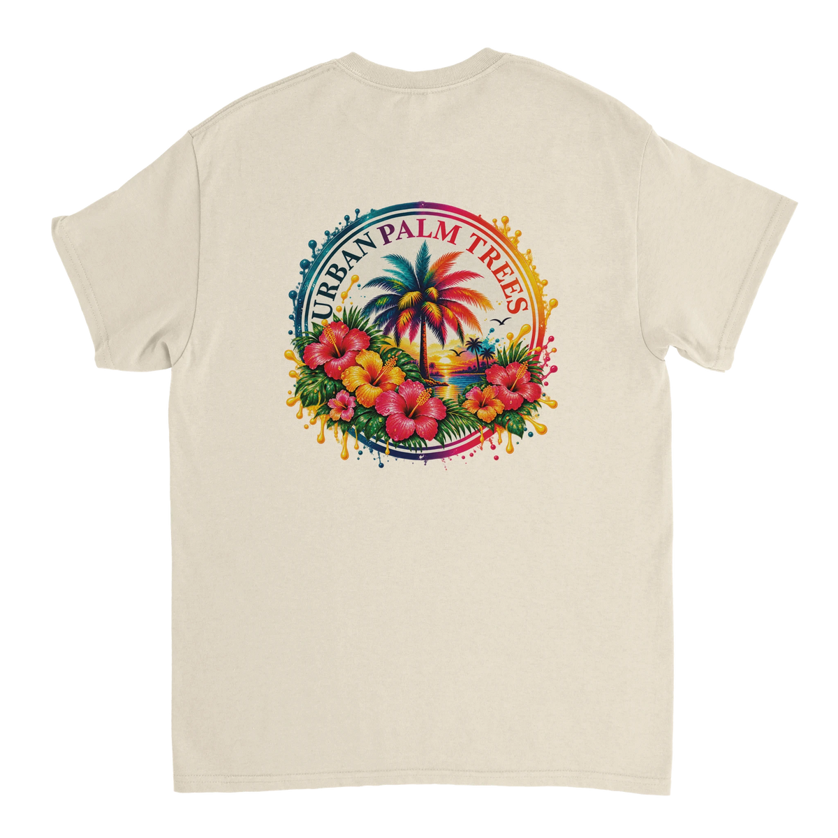 Retro beige t-shirt back print featuring colorful hibiscus flowers, a palm tree, and "Urban Palm Trees" text in a circular splash design.