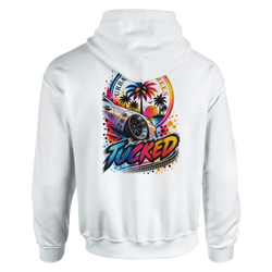 White petrolhead hoodie back featuring colorful "Tucked" graphic with lowered car, palm trees, and vibrant sunset splatter art.