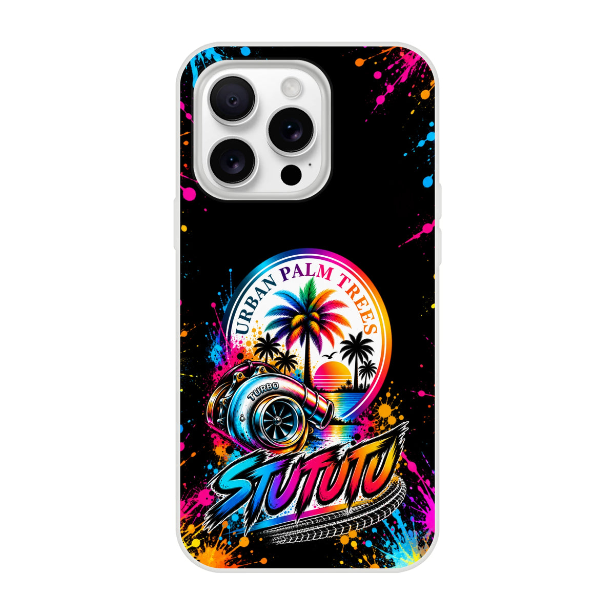 Vibrant iPhone case featuring a turbocharger, colorful Urban Palm Trees sunset graphic, and Stututu street art splatter on a black background.