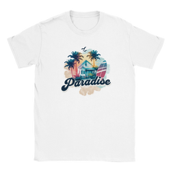 Retro Paradise T-Shirt for Women: white tee with colorful palm trees, house, and surfboard graphic.