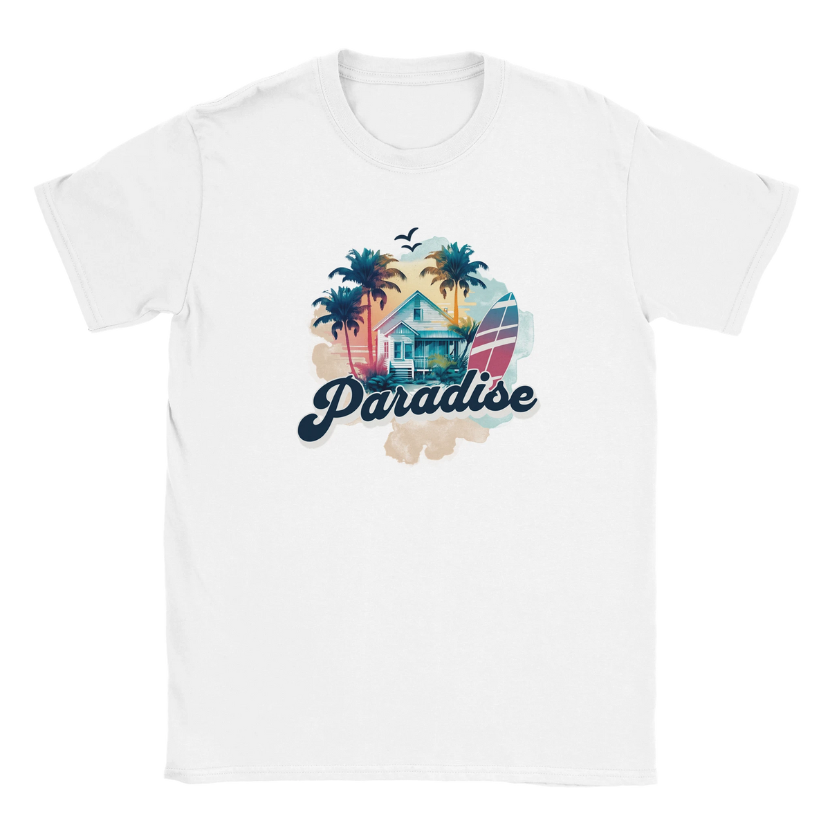 Retro Paradise T-Shirt for Women: white tee with colorful palm trees, house, and surfboard graphic.