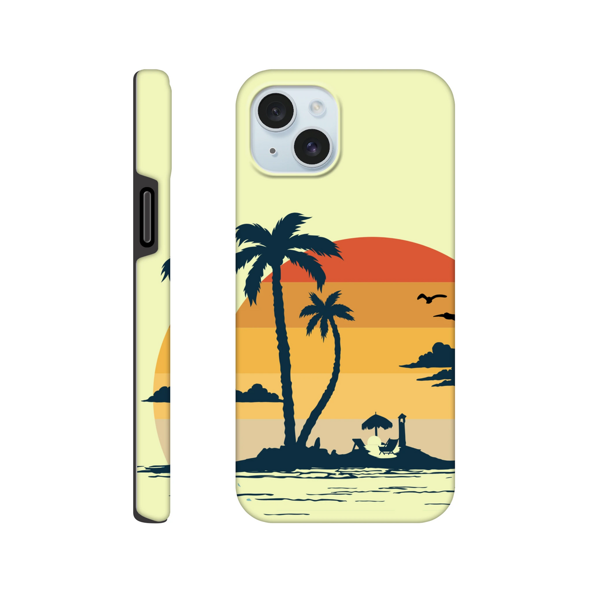 Retro Tropical Sunset Palm Tree Beach Cover for iPhone 13-16 with wraparound palm design and shock-absorbing protection