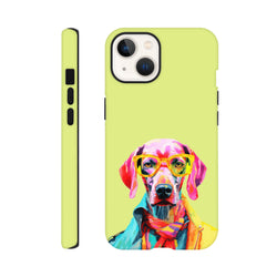 Vibrant pop art dog wearing glasses on a lime green tough iPhone case. Bright pet phone cover for models 13-16.