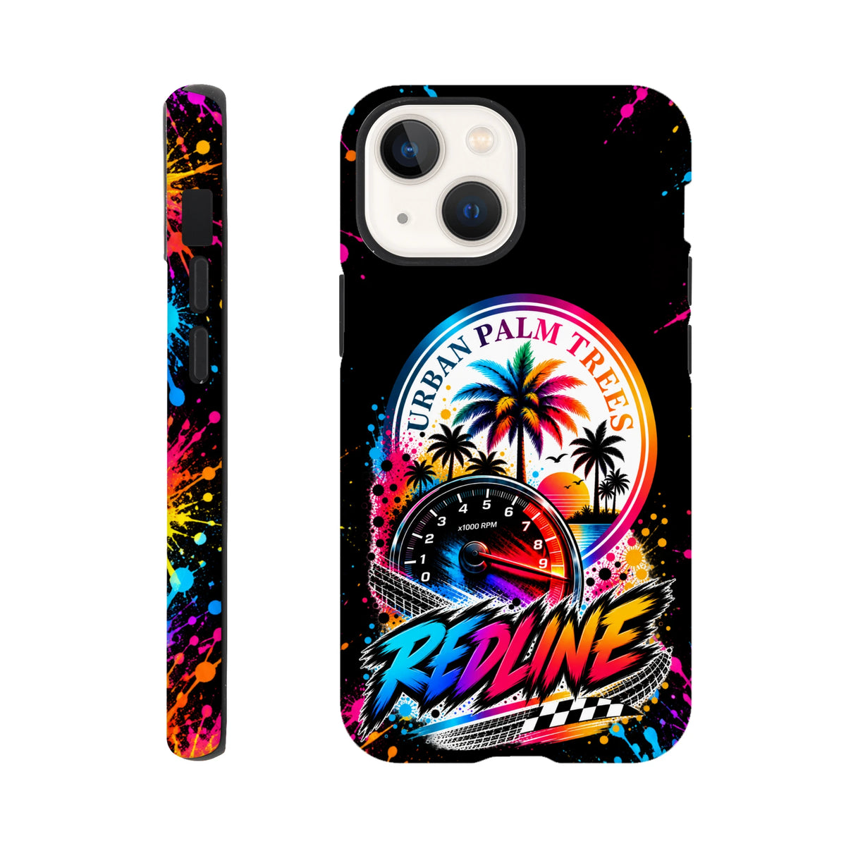 Vibrant iPhone case featuring a tachometer, palm trees, and "Redline" text with colorful paint splatters for modified car culture style.