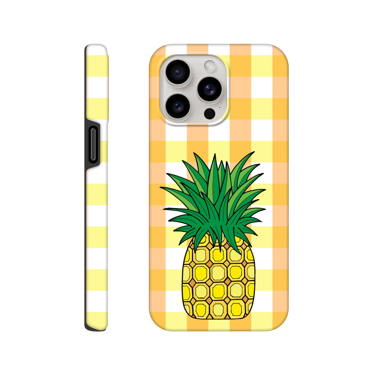 Pineapple gingham iPhone case featuring a tropical fruit graphic on yellow and orange plaid background for drop protection.