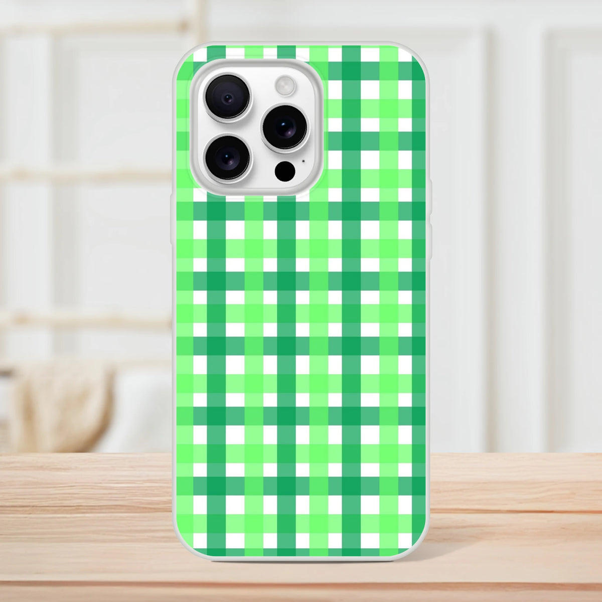 Green gingham iPhone case with bold checkered print for a cute, streetwear-ready look.