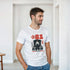 Man wearing white JDM graphic T-shirt with red 81 and car illustration, cotton blend short sleeves.
