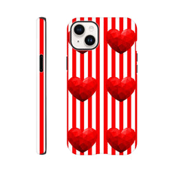 Red and white striped tough iPhone case featuring retro geometric red hearts for impact resistance and streetwear style.