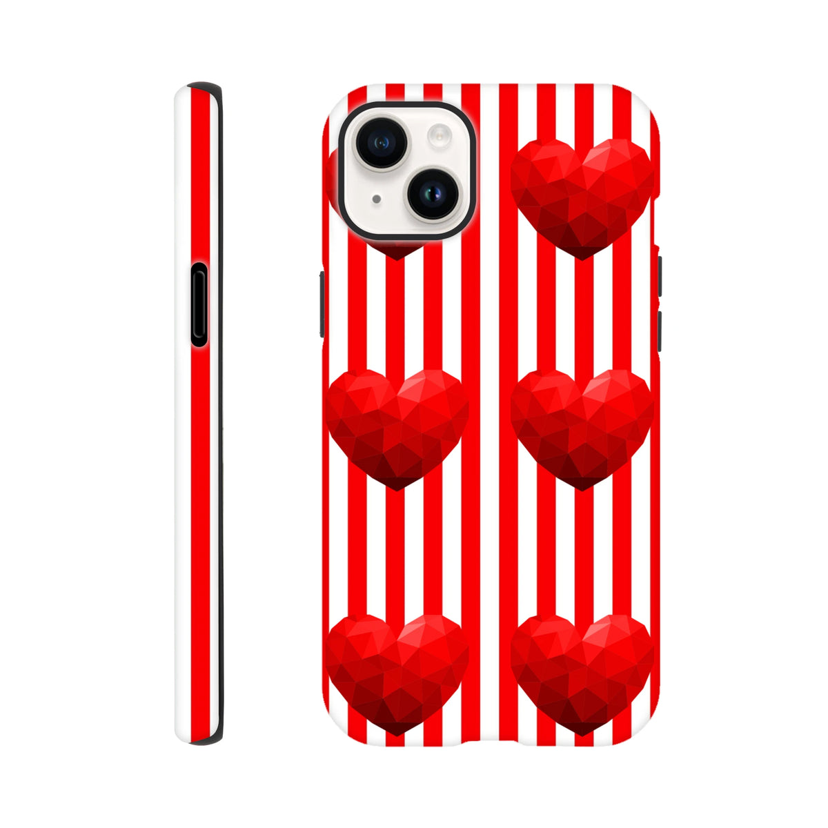Red and white striped tough iPhone case featuring retro geometric red hearts for impact resistance and streetwear style.