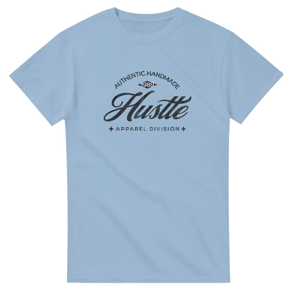 Light blue Hustle graphic men's T-shirt, soft cotton-blend, bold script logo on chest.