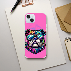Y2K Bulldog iPhone Case (13-16) pink with vibrant retro dog graphic wearing sunglasses