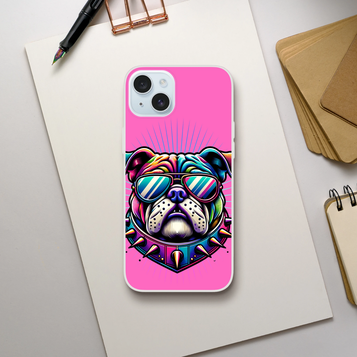 Y2K Bulldog iPhone Case (13-16) pink with vibrant retro dog graphic wearing sunglasses