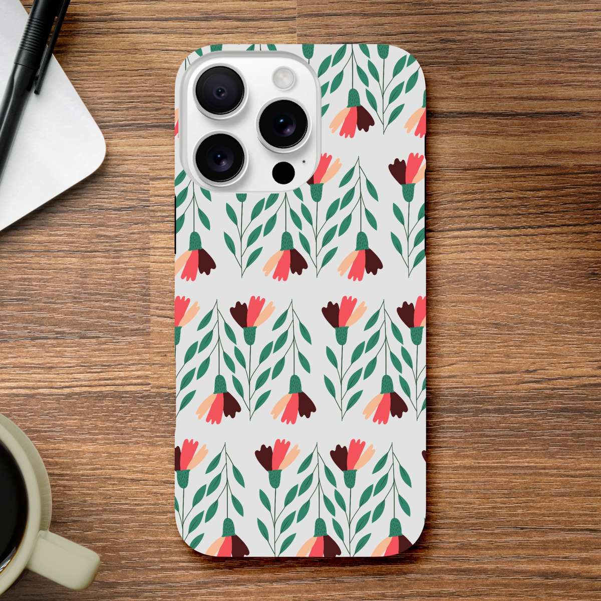 Floral wraparound tough protective case for iPhone 16-13 with green leaves and pink-red flowers.