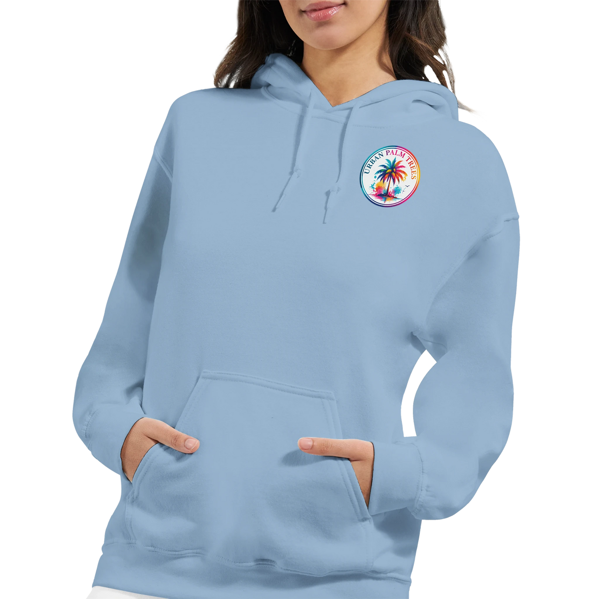 Light blue women's hoodie featuring a colorful circular Urban Palm Trees logo on the chest and a front kangaroo pocket.