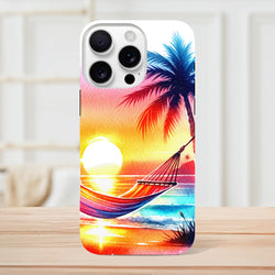Vibrant tropical sunset iPhone case featuring a palm tree and hammock design. Shock-absorbing protection for urban commutes.