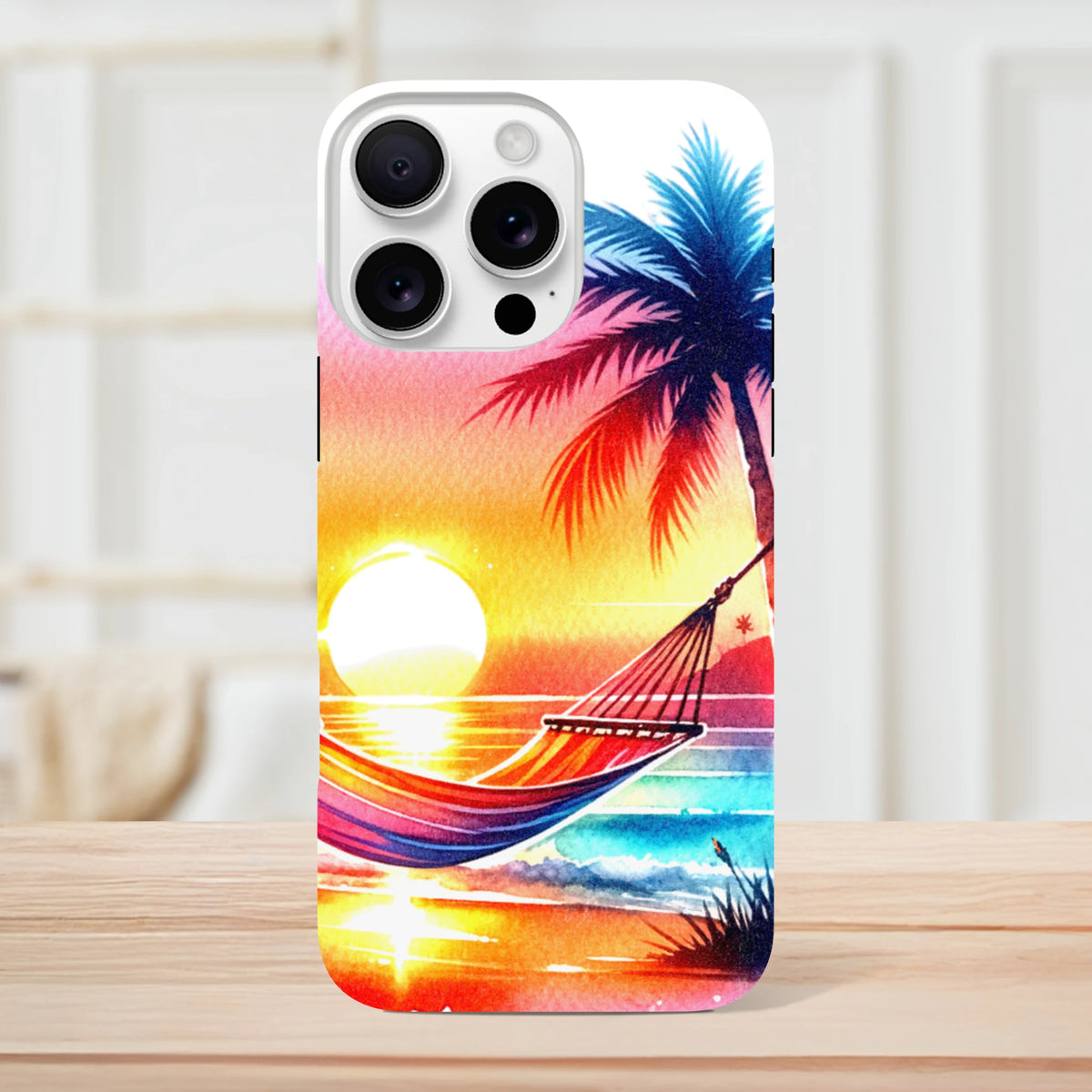 Vibrant tropical sunset iPhone case featuring a palm tree and hammock design. Shock-absorbing protection for urban commutes.