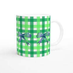 Green Gingham Bow Mug with purple bows, Cute Coquette Coffee Cup.
