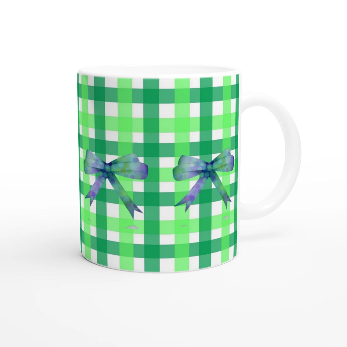 Green Gingham Bow Mug with purple bows, Cute Coquette Coffee Cup.