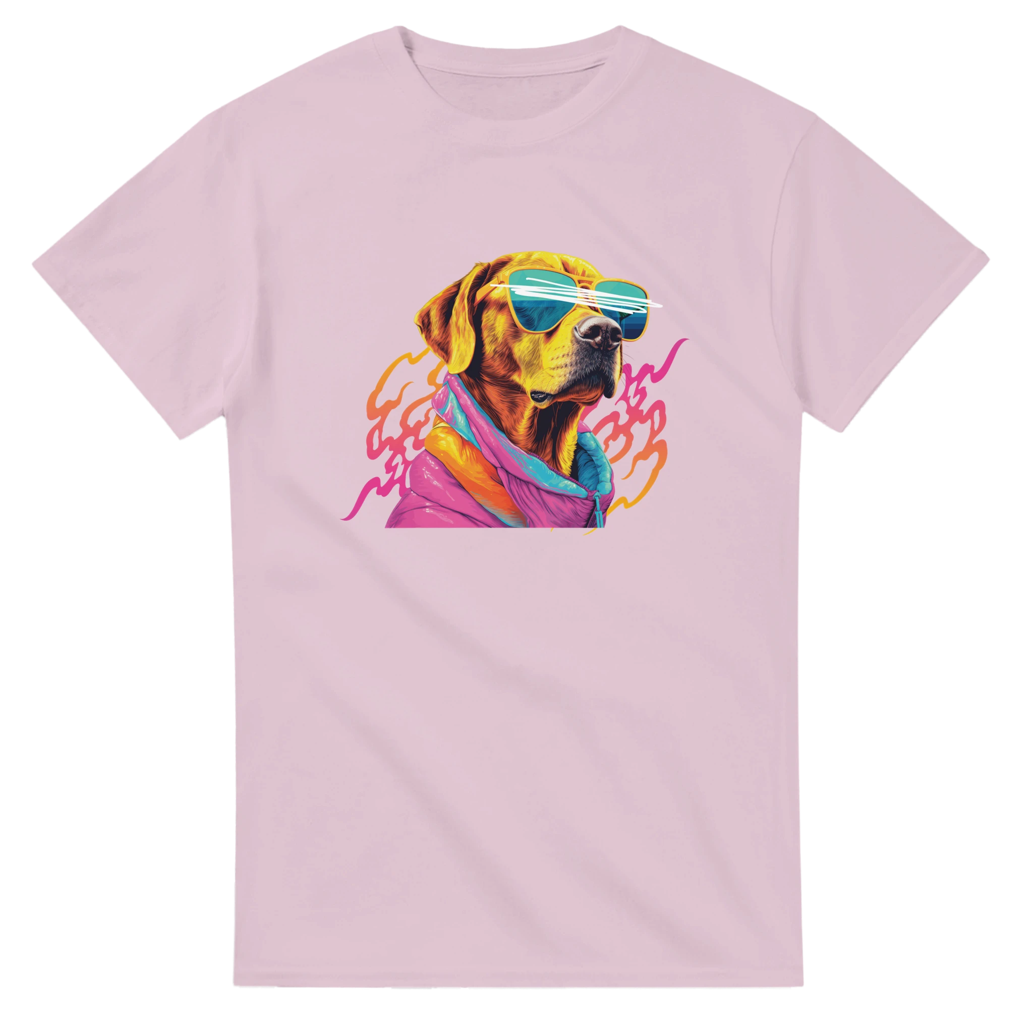 Pink women's graphic tee with a colorful dog wearing sunglasses and a scarf.