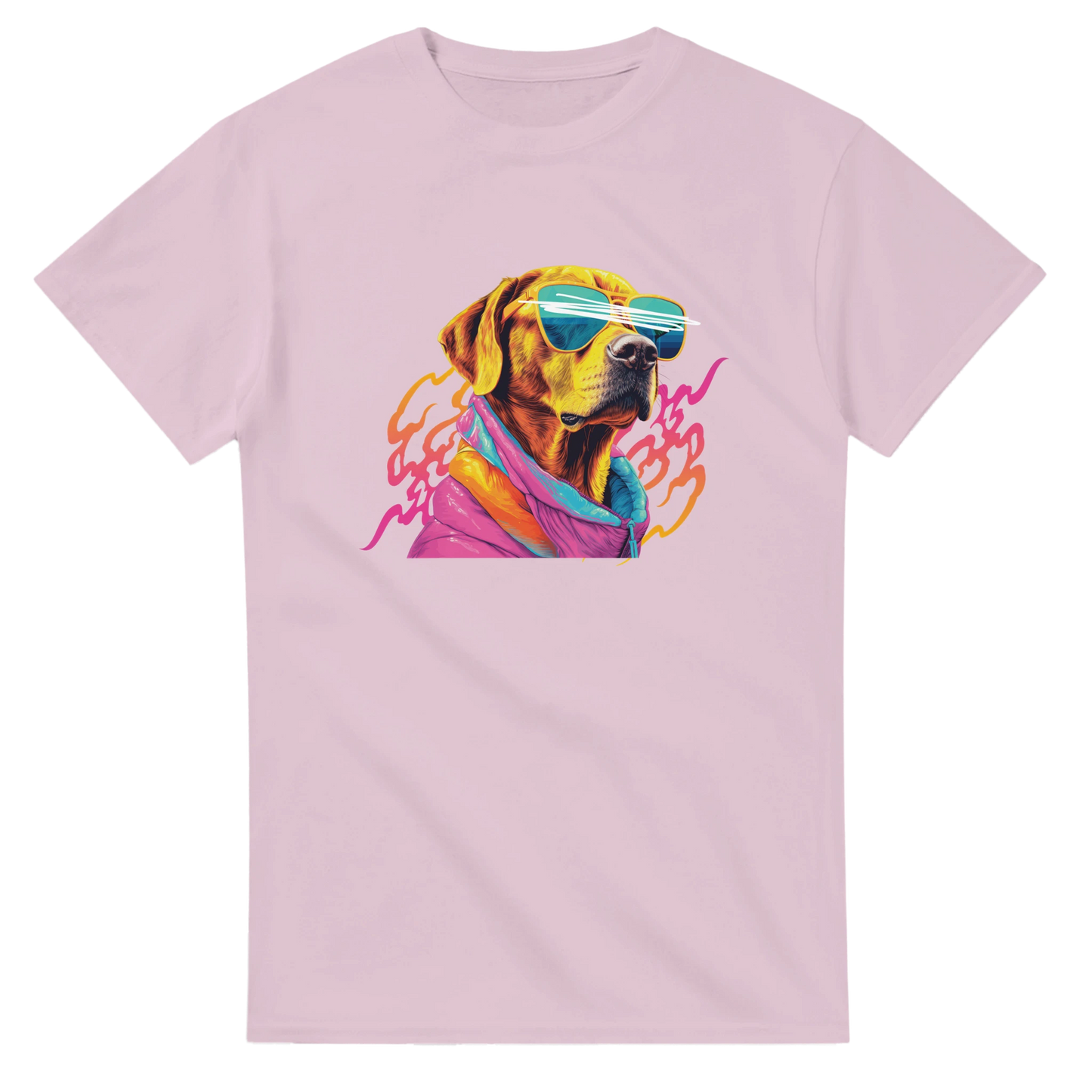 Pink women's graphic tee with a colorful dog wearing sunglasses and a scarf.
