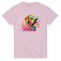Pink women's graphic tee with a colorful dog wearing sunglasses and a scarf.