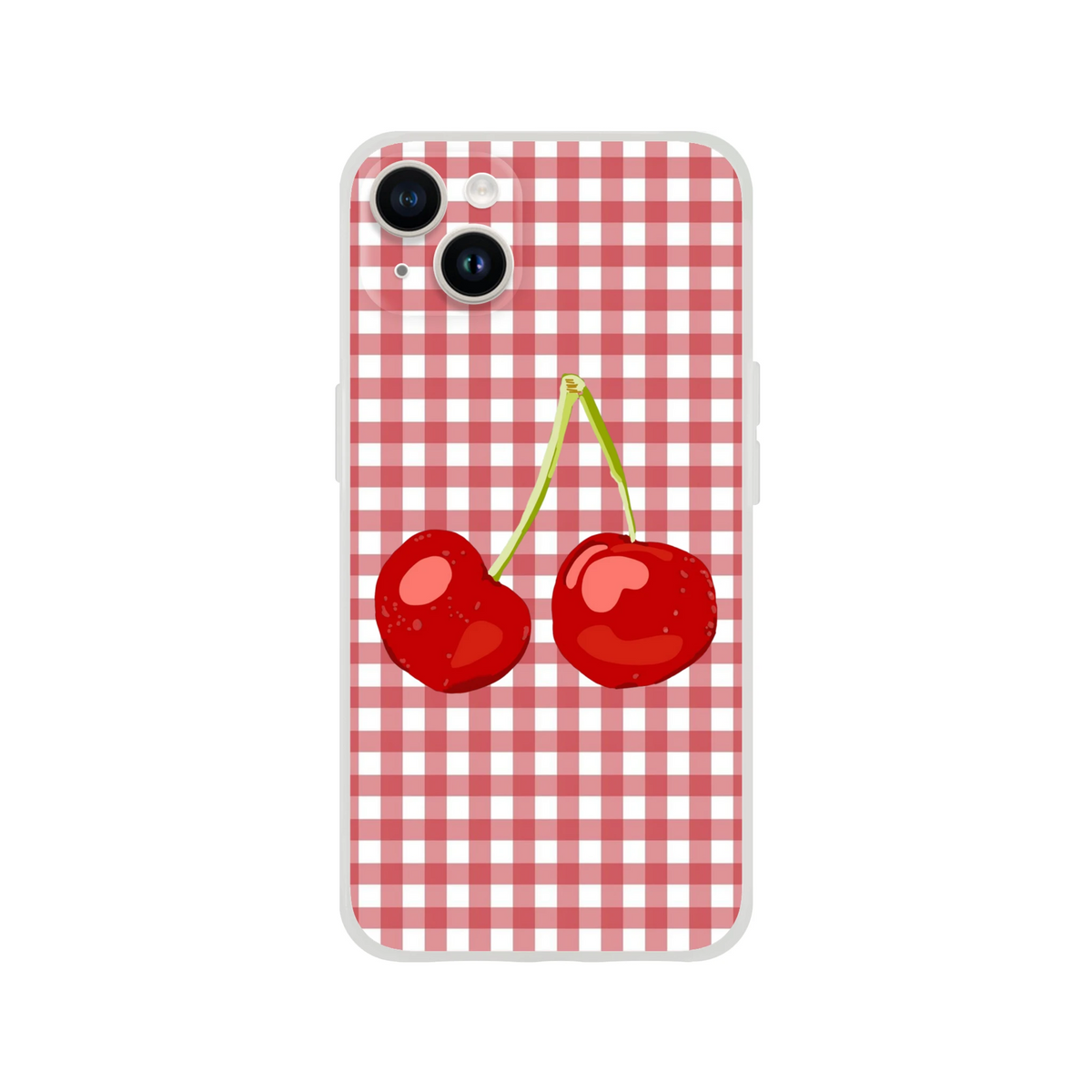 Cherry gingham iPhone case for 13–16, coquette aesthetic with red-and-white checks and cherries.