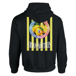 Black hoodie featuring a retro yellow striped back print with realistic lemons and Urban Palm Trees Apparel branding.