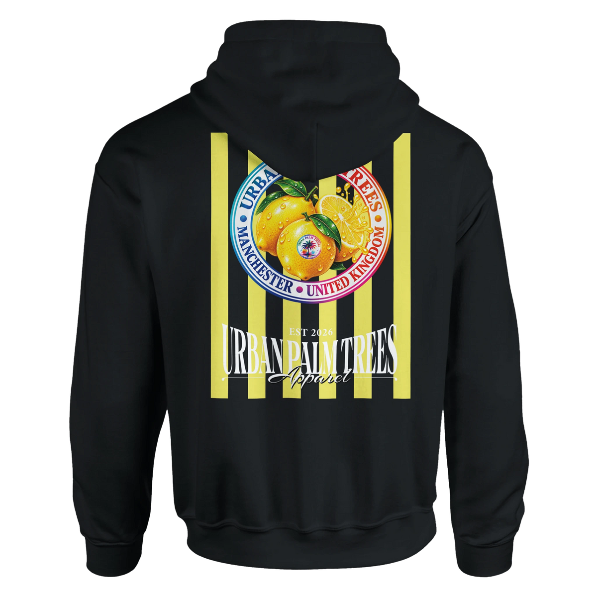 Black hoodie featuring a retro yellow striped back print with realistic lemons and Urban Palm Trees Apparel branding.