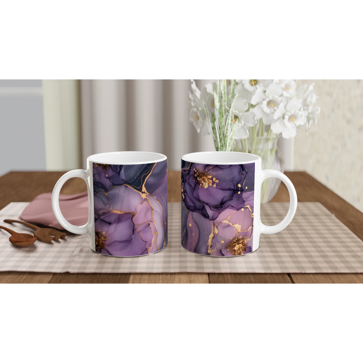 Purple & Gold Marble Mugs with gold veining and white handles on a checkered table with white flowers.