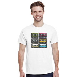 White men's t-shirt featuring six colorful retro 80s cassette tape graphics for vintage audio nostalgia streetwear.