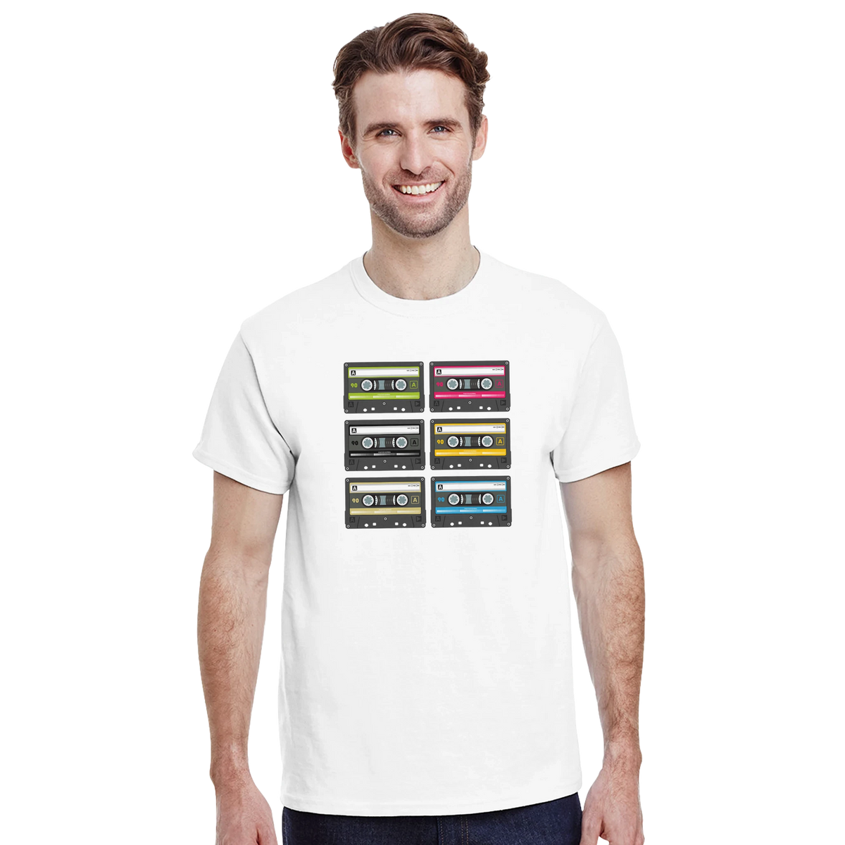 White men's t-shirt featuring six colorful retro 80s cassette tape graphics for vintage audio nostalgia streetwear.