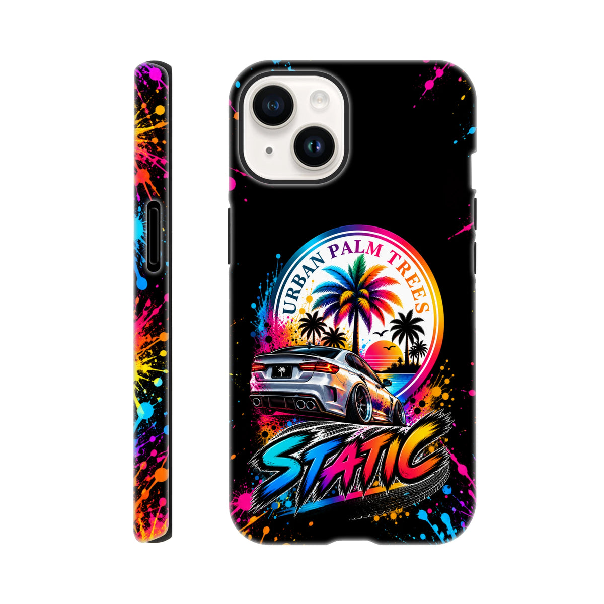 Black iPhone case with colorful paint splatter, slammed silver car graphic, Urban Palm Trees sunset, and bold Static logo.
