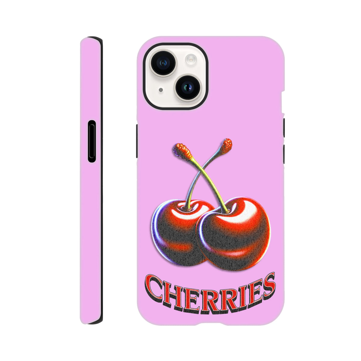 Pink iPhone case featuring a retro Y2K cherry graphic and vintage text. A tough, protective phone cover with a nostalgic fruit design for Apple devices.