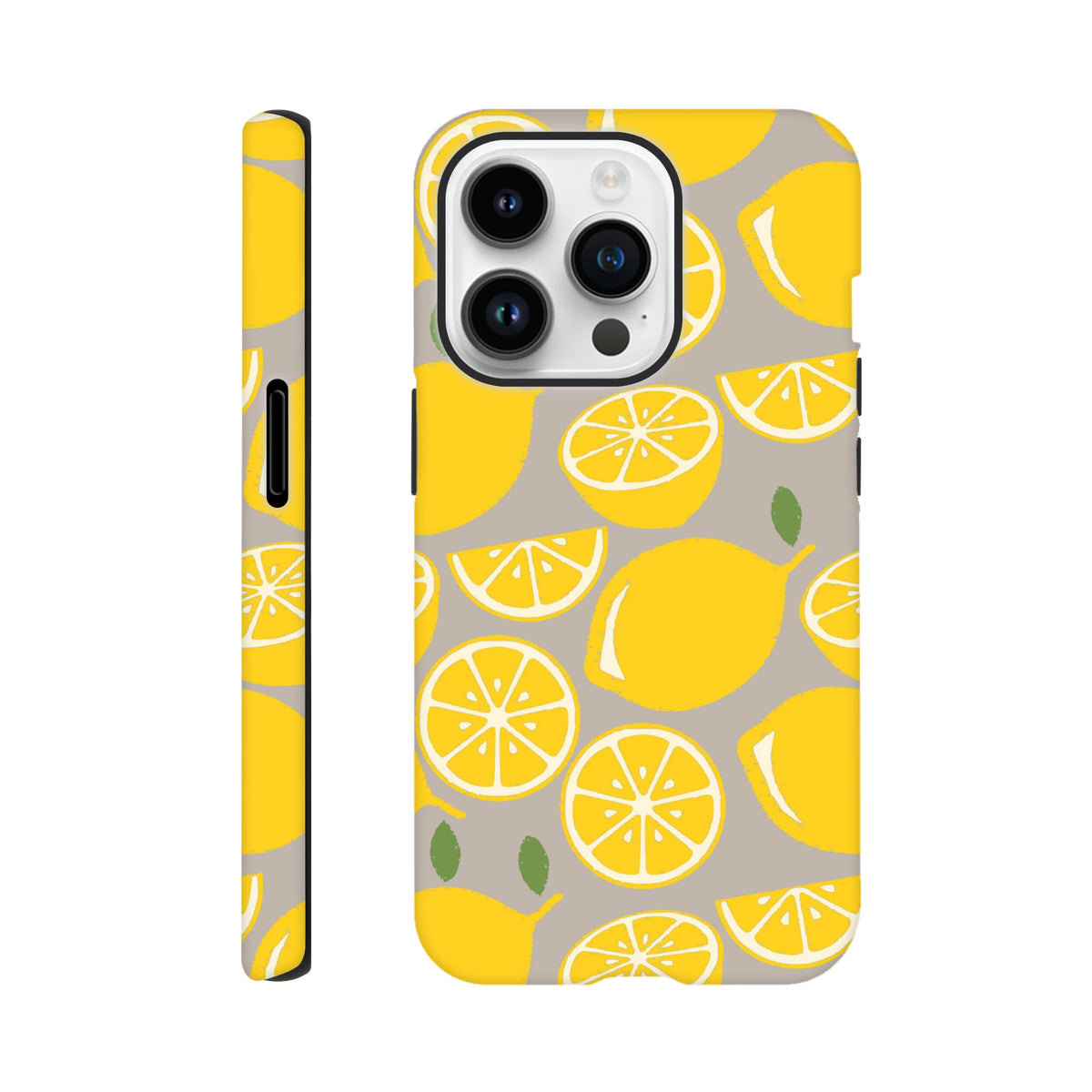 Cute yellow lemon tough iPhone case featuring a citrus pattern on a grey background with durable drop guard handling.
