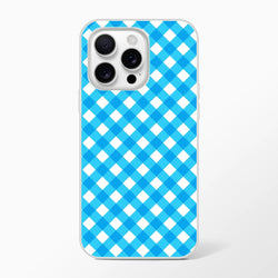 Blue gingham checkered iPhone case (13-16) with triple-camera cutout.