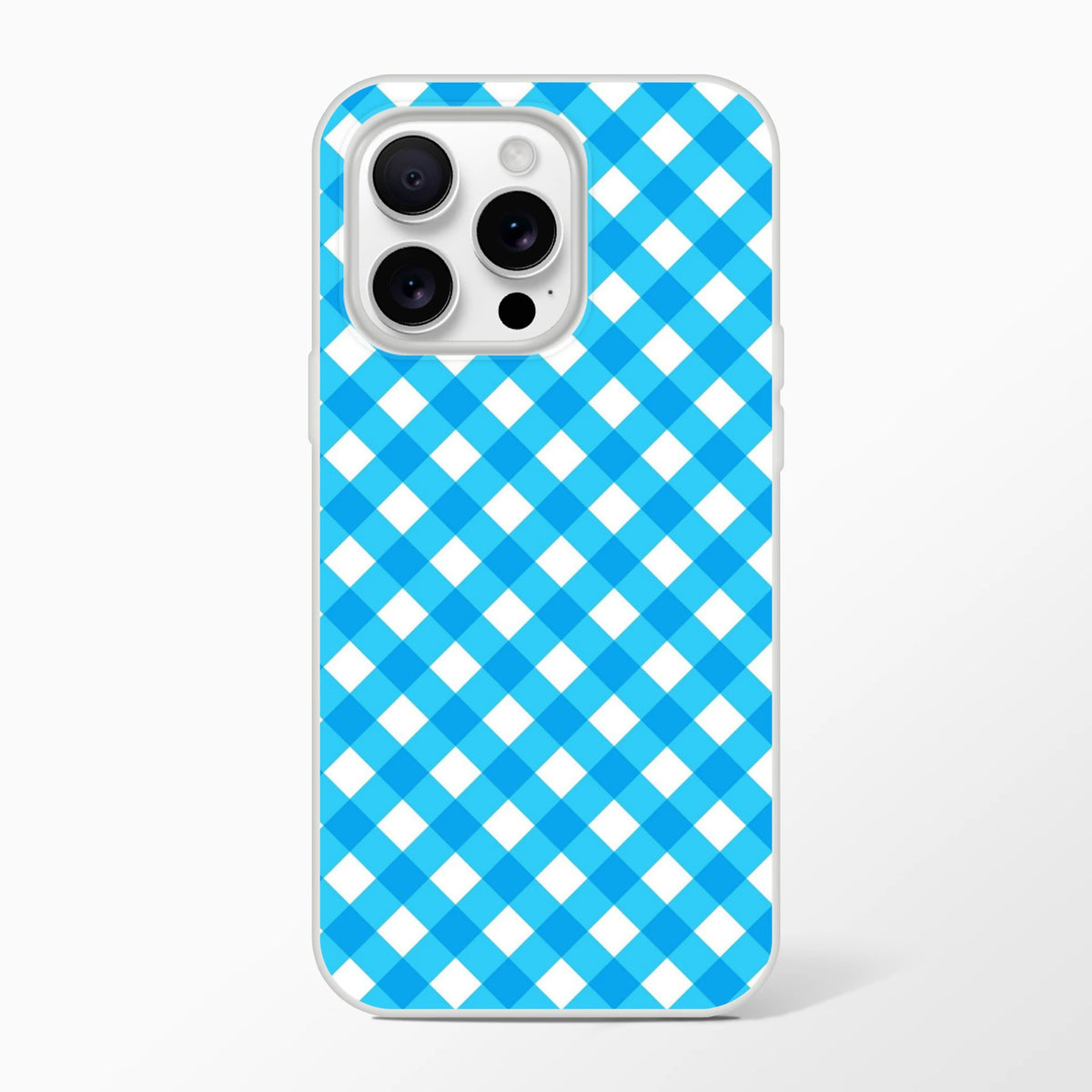 Blue gingham checkered iPhone case (13-16) with triple-camera cutout.