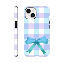 Blue gingham iPhone case with a large teal coquette bow, combining vintage check pattern with tough protection for a streetwear aesthetic.