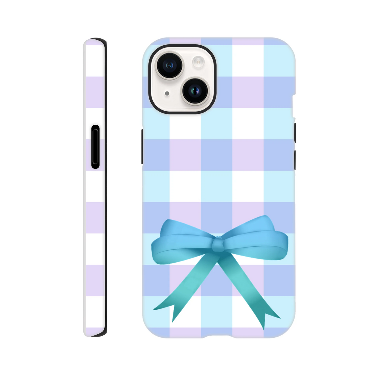 Blue gingham iPhone case with a large teal coquette bow, combining vintage check pattern with tough protection for a streetwear aesthetic.