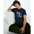 Man wearing navy Good Vibes Only graphic tee with circular floral wreath and yellow roses