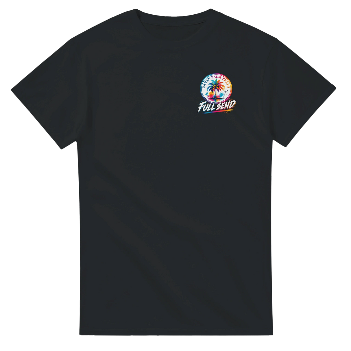 Black men's graphic tee featuring a colorful Urban Palm Trees logo with a palm tree and Full Send text on the chest.