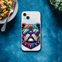 Slim transparent Bull Dog protective phone case with vibrant bulldog design wearing sunglasses for iPhone 13–16