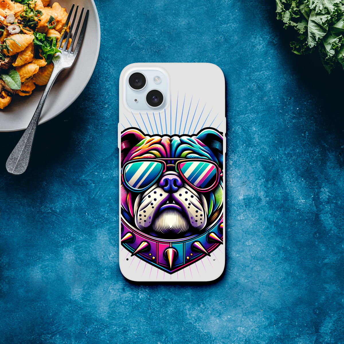 Slim transparent Bull Dog protective phone case with vibrant bulldog design wearing sunglasses for iPhone 13–16