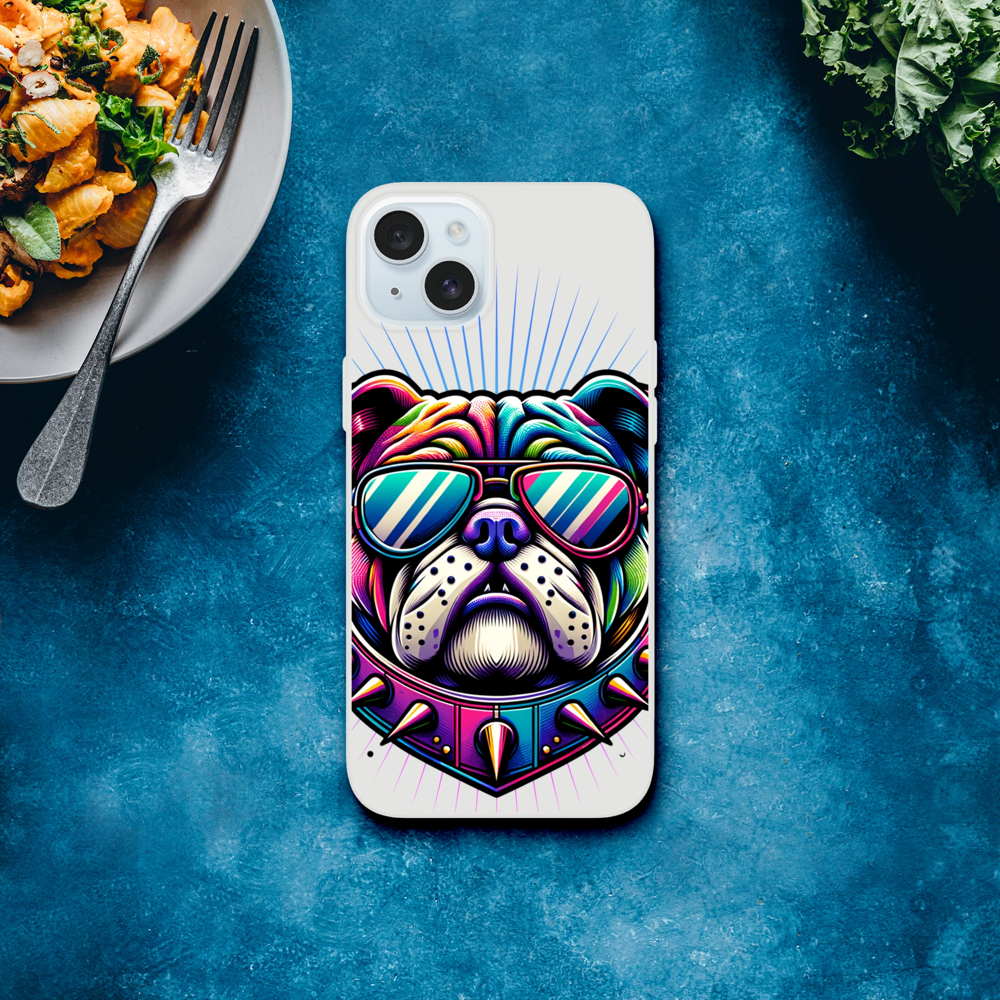 Slim transparent Bull Dog protective phone case with vibrant bulldog design wearing sunglasses for iPhone 13–16