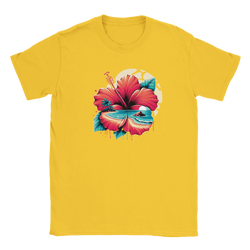 Yellow women's hibiscus graphic tee with tropical island scene and palm trees, retro summer top
