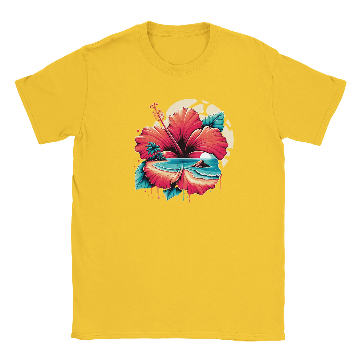 Yellow women's hibiscus graphic tee with tropical island scene and palm trees, retro summer top