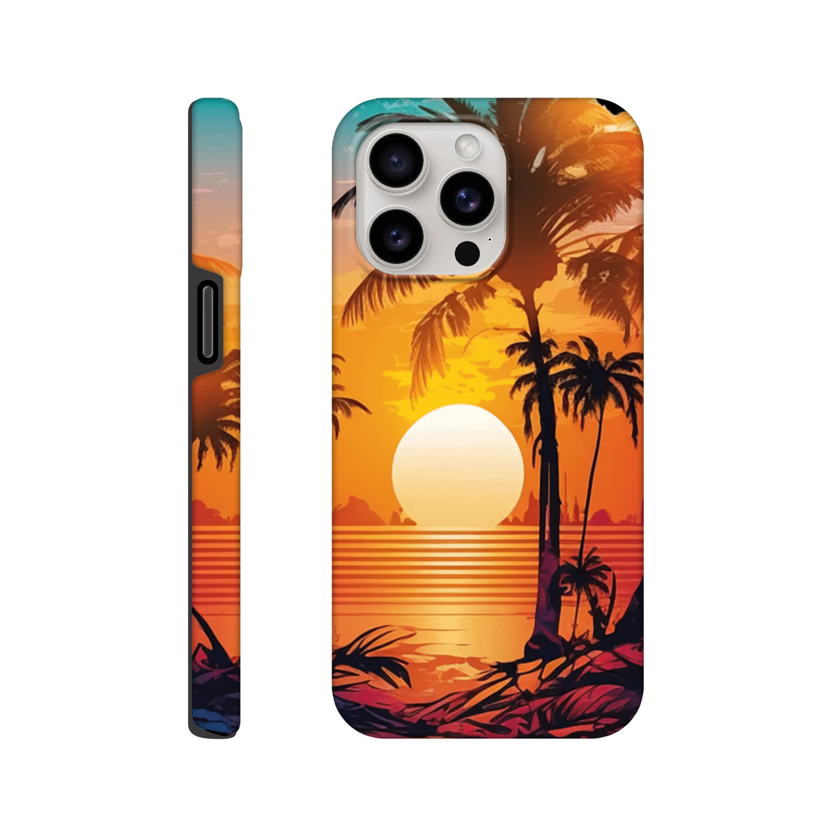 Retro tropical sunset phone case featuring palm tree silhouettes and vibrant orange horizon for iPhone 13-16.