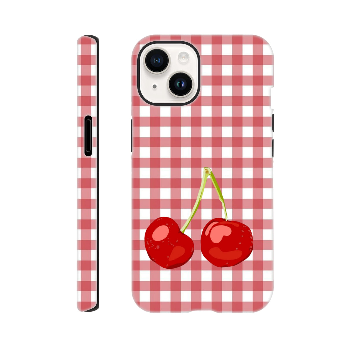 Red and white gingham iPhone case featuring two glossy red cherries with green stems. Tough checkered cover for streetwear style.